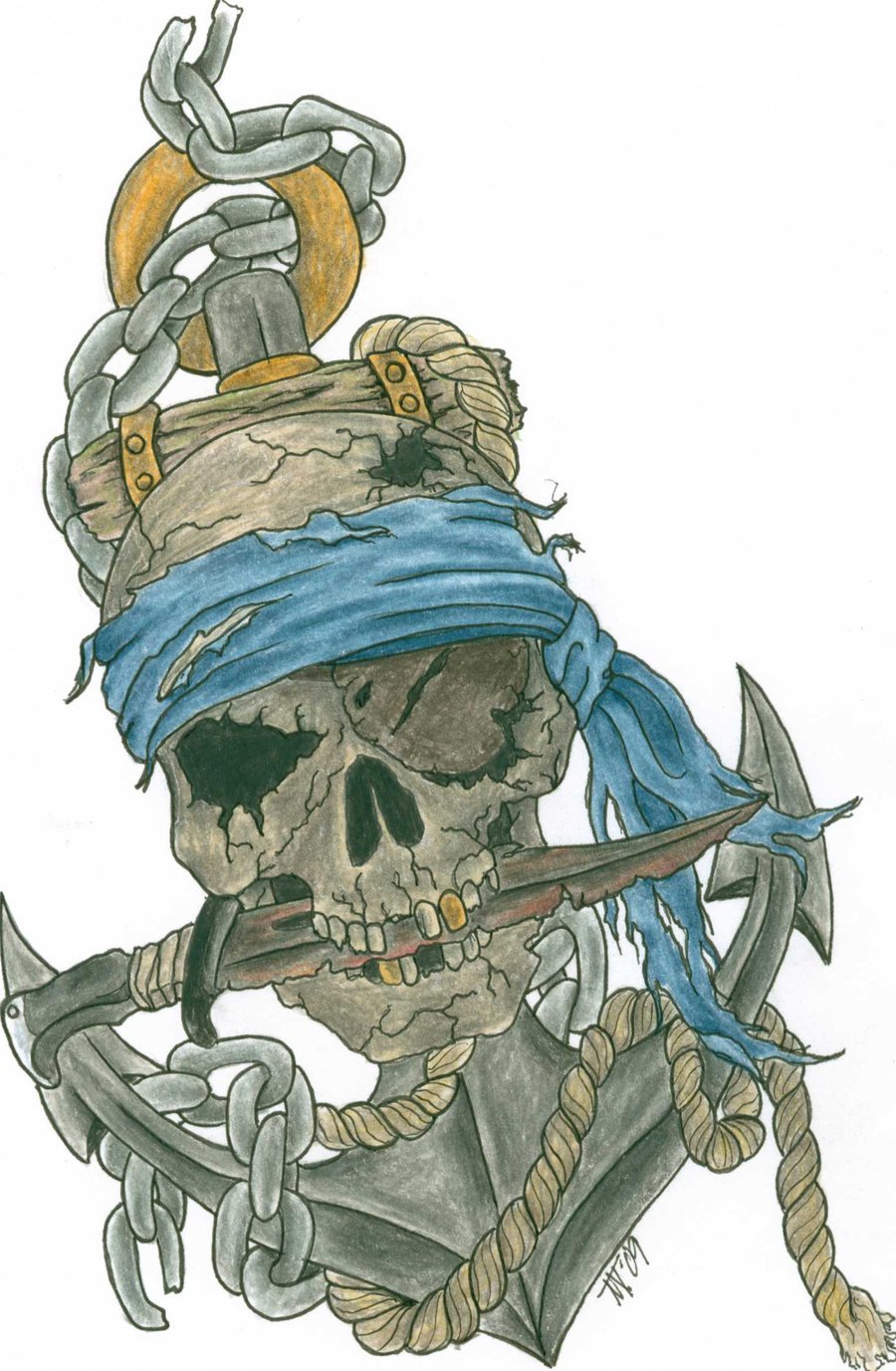 Attractive Pirate Skull With Anchor Tattoo Design