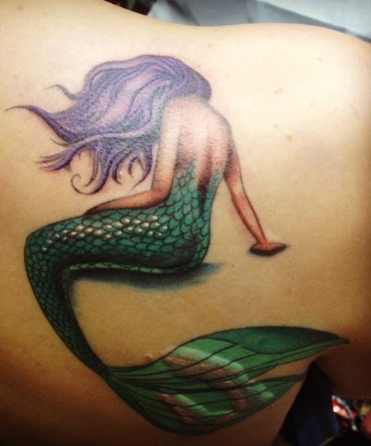 Attractive Small Mermaid Tattoo On Right Back Shoulder