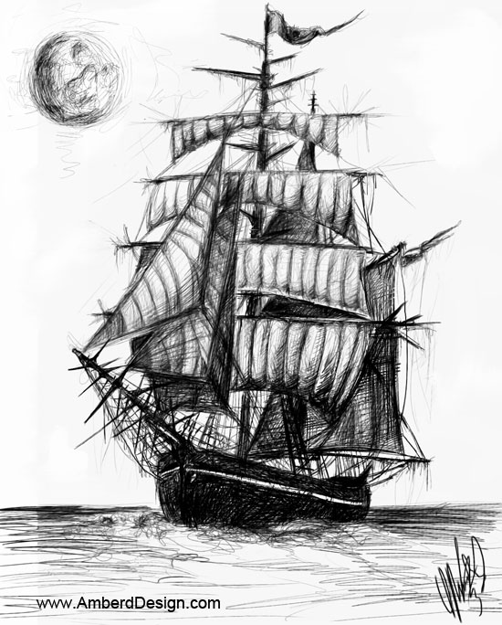 Awesome Black Ink Ghost Pirate Ship Tattoo Design