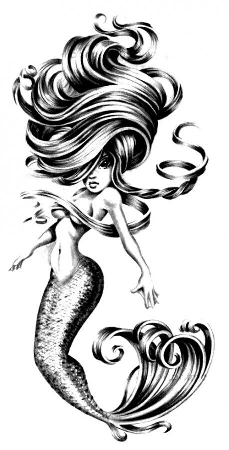 Awesome Black Ink Mermaid Tattoo Design