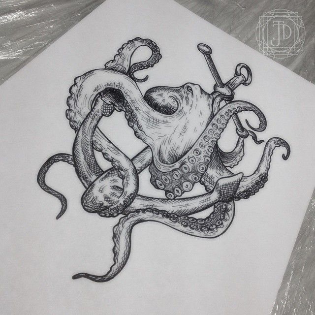 Awesome Black Ink Octopus With Anchor Tattoo Design