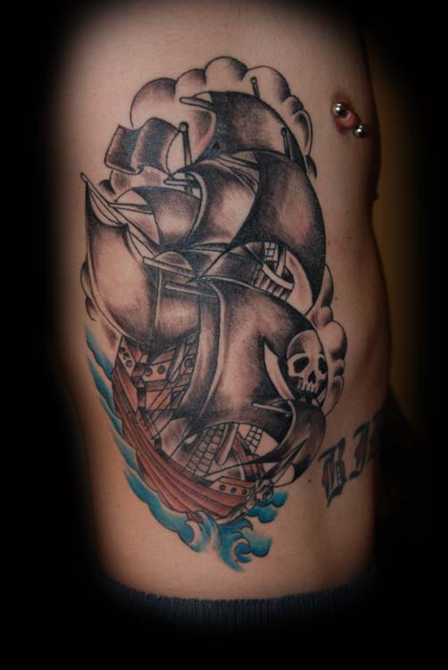 Awesome Black Ink Pirate Ship Tattoo On Man Right Side Rib