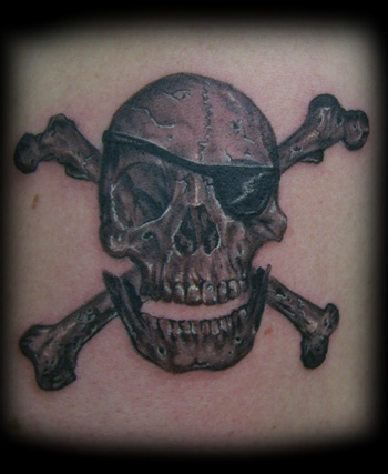 Awesome Black Ink Pirate Skull With Crossbone Tattoo Design