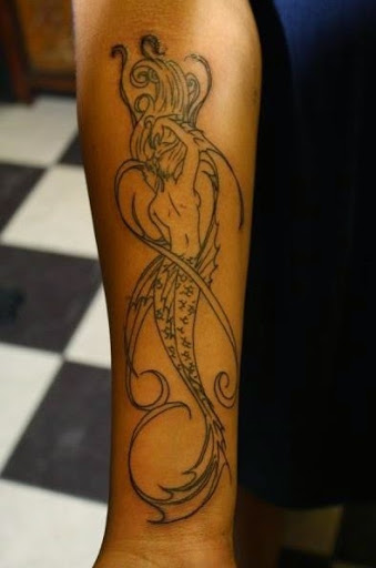 Awesome Black Outline Mermaid Tattoo On Right Forearm