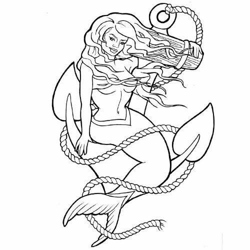 Awesome Black Outline Mermaid With Anchor Tattoo Design