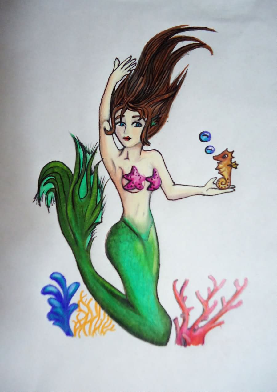 Awesome Colorful Beautiful Mermaid Tattoo Design