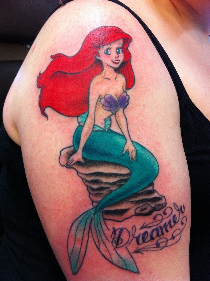 Awesome Colorful Little Mermaid Tattoo On Right Shoulder
