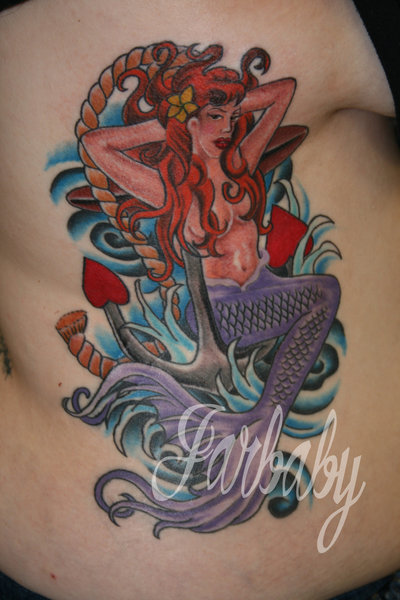 Awesome Colorful Mermaid With Anchor Tattoo Design For Side Rib