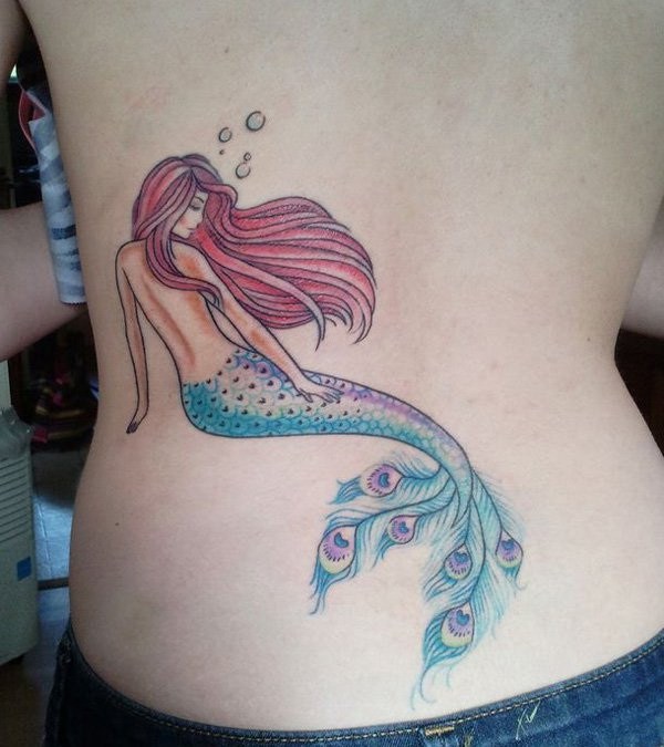 Awesome Colorful Mermaid With Peacock Feather Tail Tattoo On Lower Back