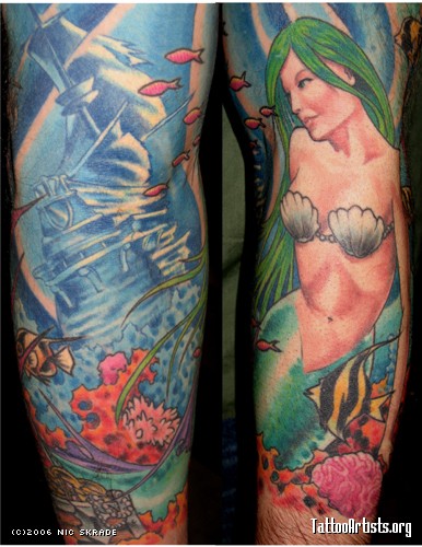 Awesome Colorful Mermaid With Ship Tattoo Design For Sleeve