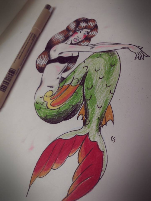 Awesome Colorful Neo Mermaid Tattoo Design