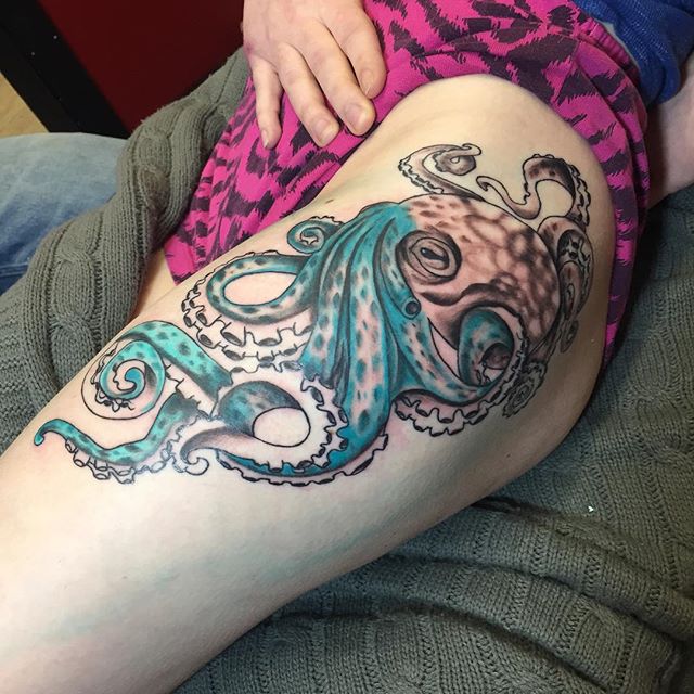 Awesome Colorful Octopus Tattoo On Girl Left Hip.