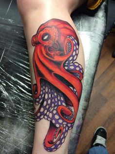 Awesome Colorful Octopus Tattoo On Leg Calf