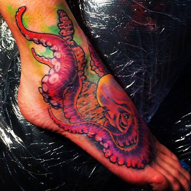 Awesome Colorful Octopus Tattoo On Right Foot