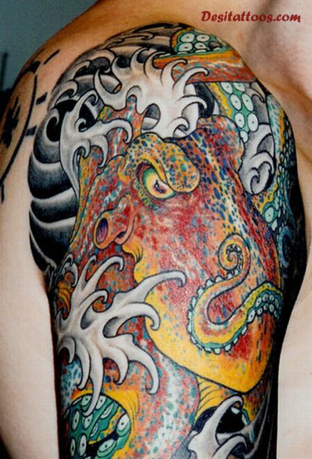 Awesome Colorful Octopus Tattoo On Right Half Sleeve