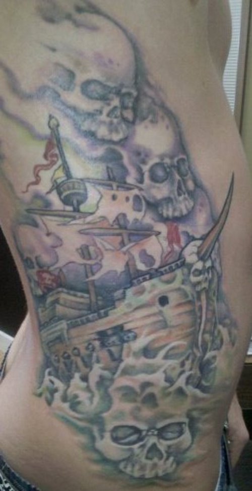 Awesome Ghost Pirate Ship With Skulls Tattoo On Right Side Rib