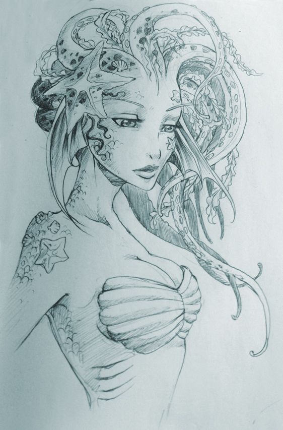 Awesome Grey Ink Mermaid Tattoo Design