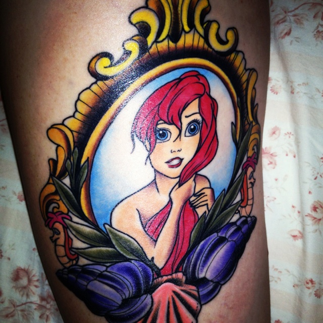 Awesome Little Mermaid In Frame Tattoo Design For Half Sleeve