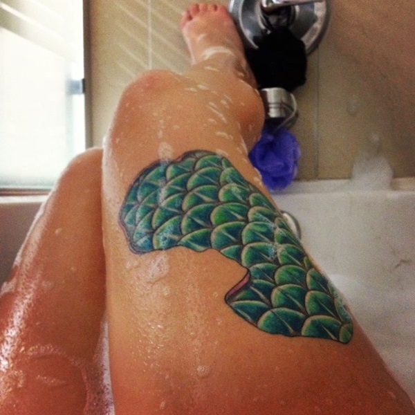Awesome Mermaid Scale Tattoo On Right Thigh