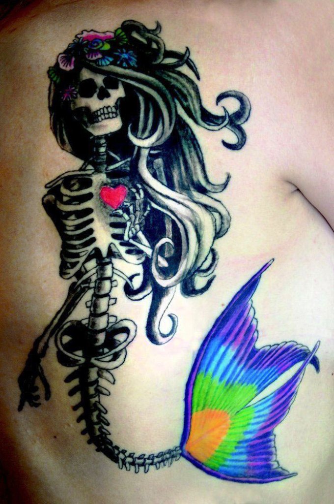 Awesome Mermaid Skeleton Tattoo On Right Back Shoulder