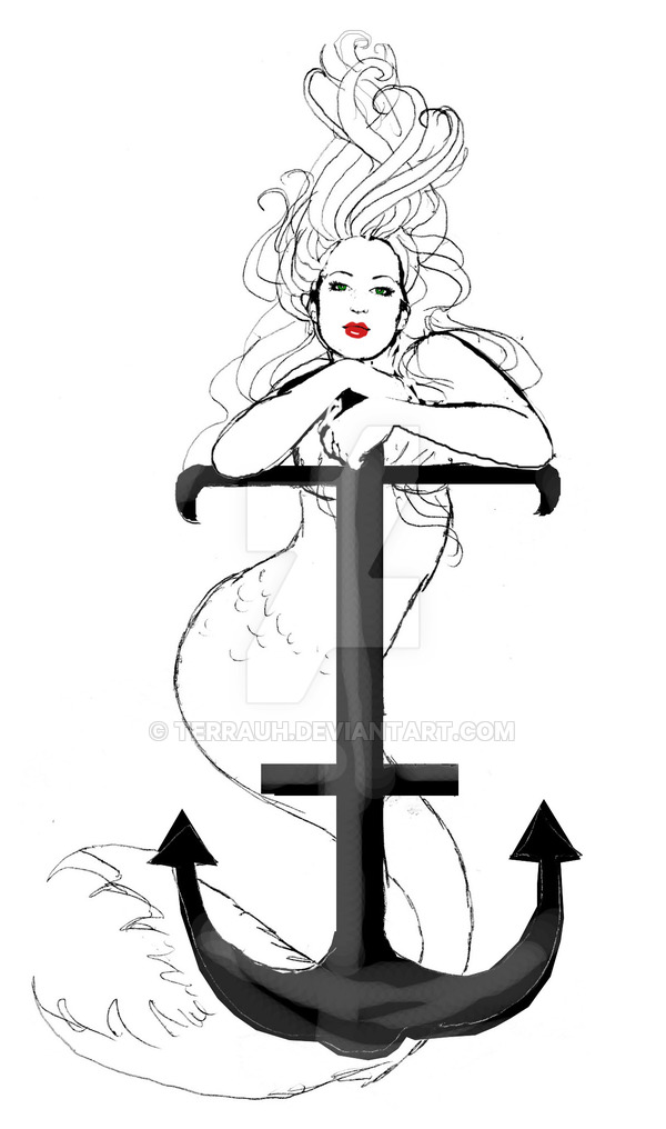 Awesome Mermaid With Anchor Tattoo Design