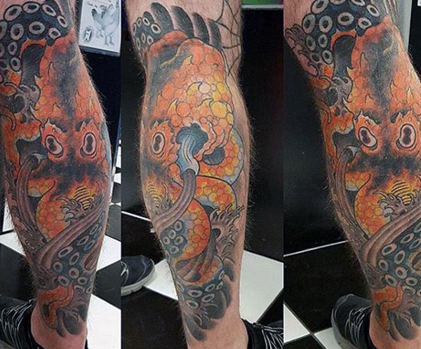 Awesome Octopus Tattoo On Left Leg Calf