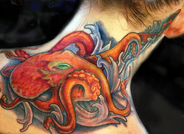 Awesome Octopus Tattoo On Man Back Neck