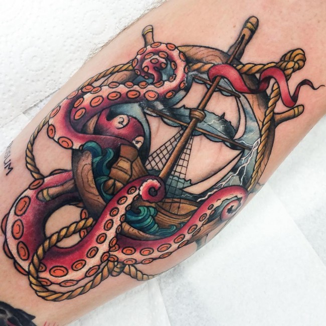 Awesome Octopus With Ship Tattoo Design For Sleeve