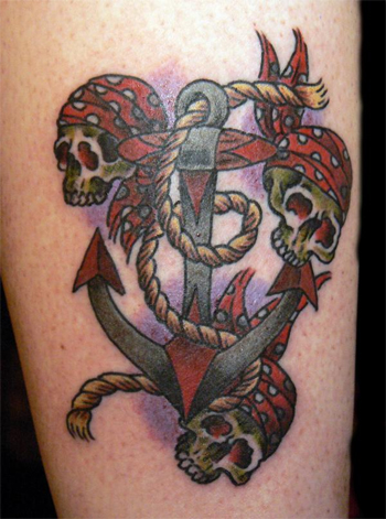Awesome Pirate Anchor And Skulls Tattoo Design For Side Thigh