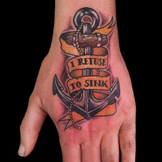Awesome Pirate Anchor With Banner Tattoo On Left Hand