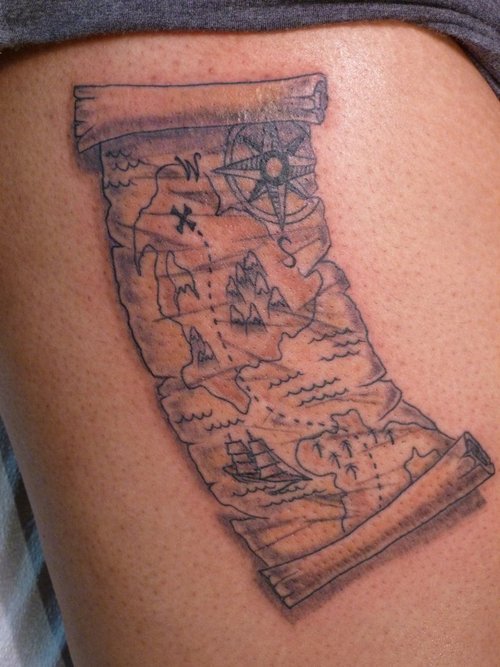 Awesome Pirate Map Tattoo Design For Sleeve
