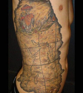 Awesome Pirate Map Tattoo On Man Right Side Rib