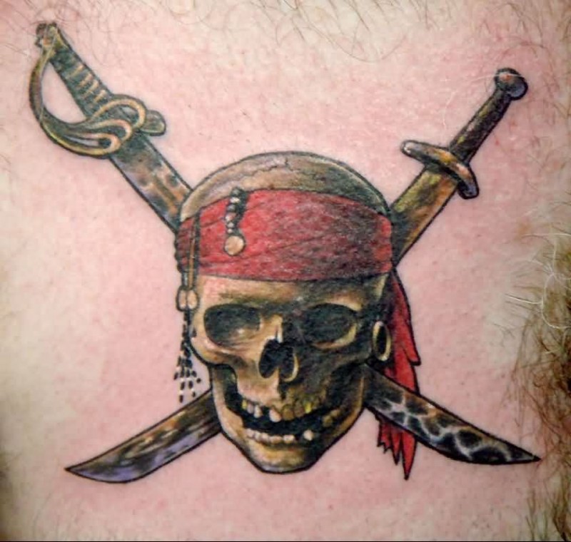 Awesome Pirate Skull With Two Crossing Dagger Tattoo Design
