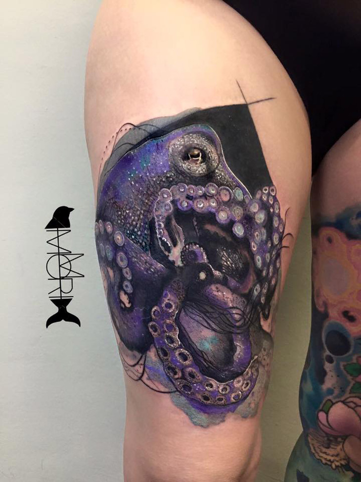 Awesome Realistic Octopus Tattoo On Right Thigh