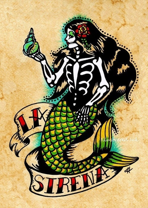 Awesome Traditional Mermaid With Banner Tattoo Design