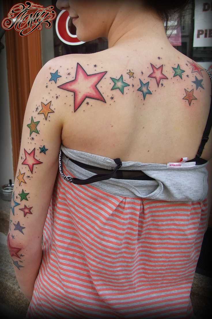 Beautiful Colored Star Tattoos On Upper Back And Left Arm