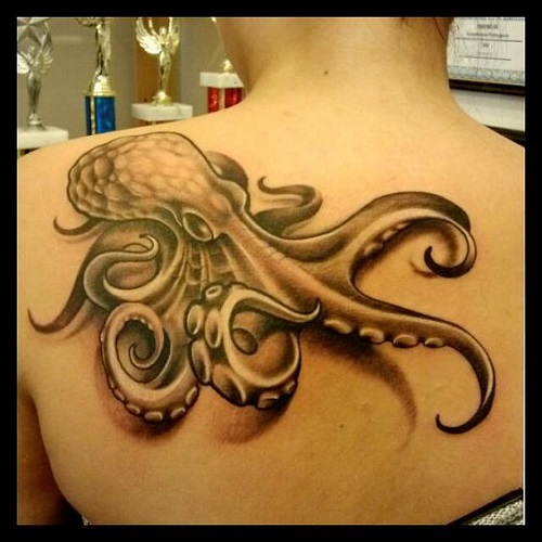 Black And Grey 3D Octopus Tattoo On Left Back Shoulder
