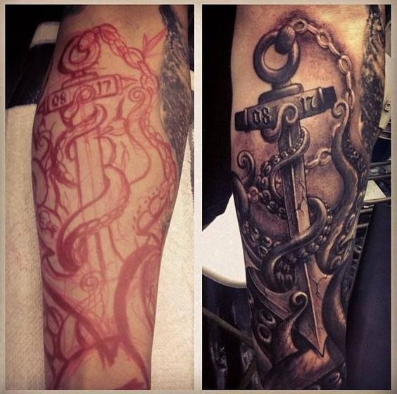 Black And Grey 3D Octopus With Anchor Tattoo Design For Arm