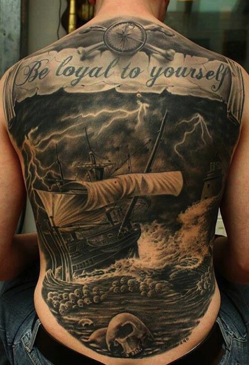 Black And Grey 3D Pirate Ship With Banner Tattoo On Man Full Back