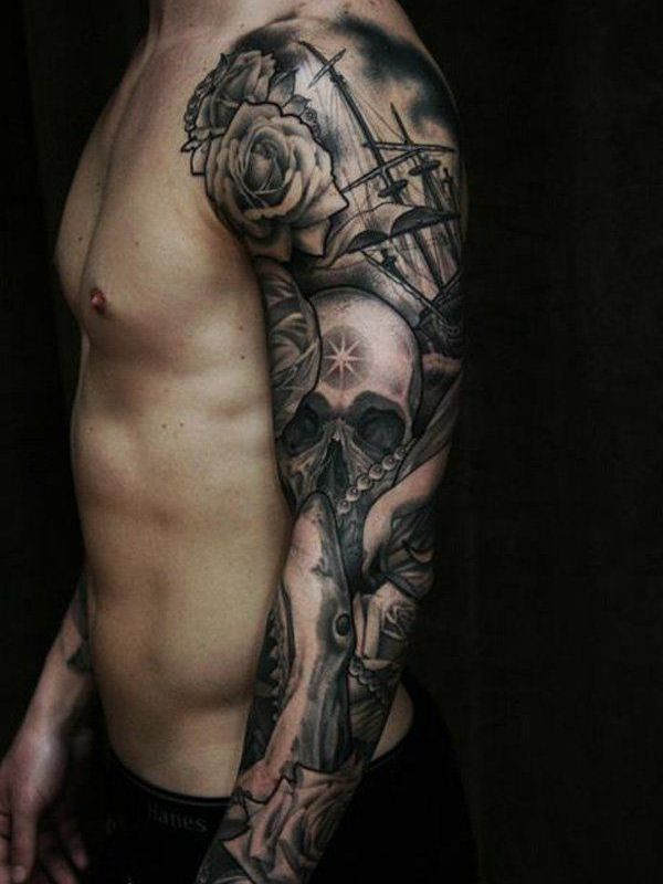 Black And Grey 3D Pirate Ship With Skull And Rose Tattoo On Man Left Full Sleeve