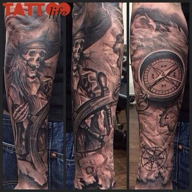 Black And Grey 3D Pirate Skeleton With Compass Tattoo On Sleeve