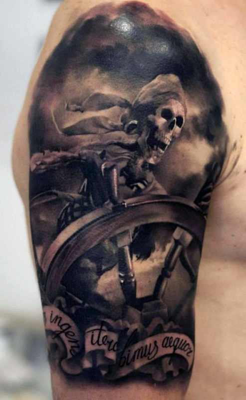Black And Grey 3D Pirate Skeleton With Ship Wheel And Banner Tattoo On Man Right Half Sleeve