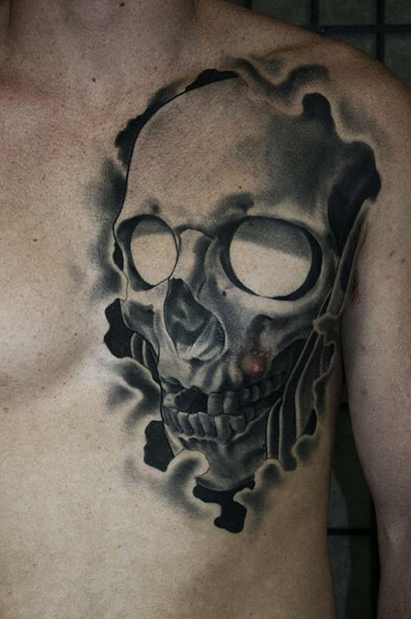 Black And Grey 3D Pirate Skull Tattoo On Man Left Front Shoulder By James Spencer