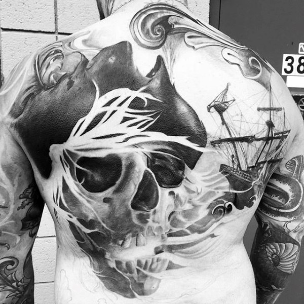 Black And Grey 3D Pirate Skull With Ship Tattoo On Full Back