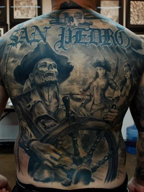 Black And Grey 3D Pirate Tattoo On Full Back