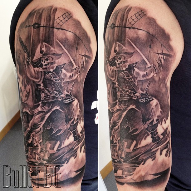 Black And Grey 3D Pirate Tattoo On Right Half Sleeve By Bullet BG