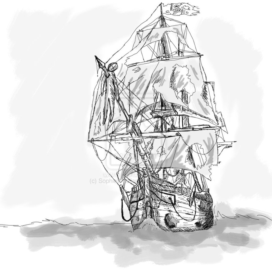Black And Grey Ghost Pirate Ship Tattoo Design