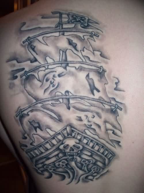 Black And Grey Ghost Pirate Ship Tattoo On Left Back Shoulder