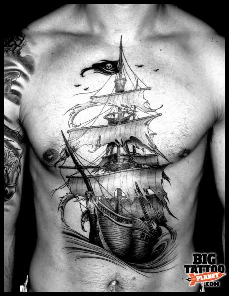 Black And Grey Ghost Pirate Ship Tattoo On Man Full Body