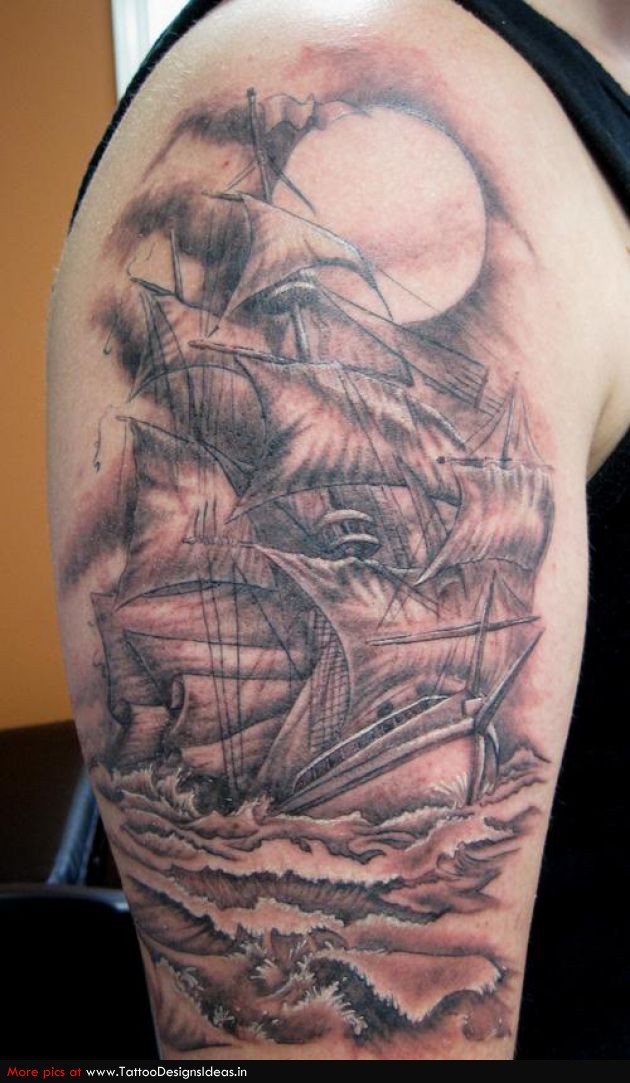 Black And Grey Ghost Pirate Ship Tattoo On Right Half Sleeve